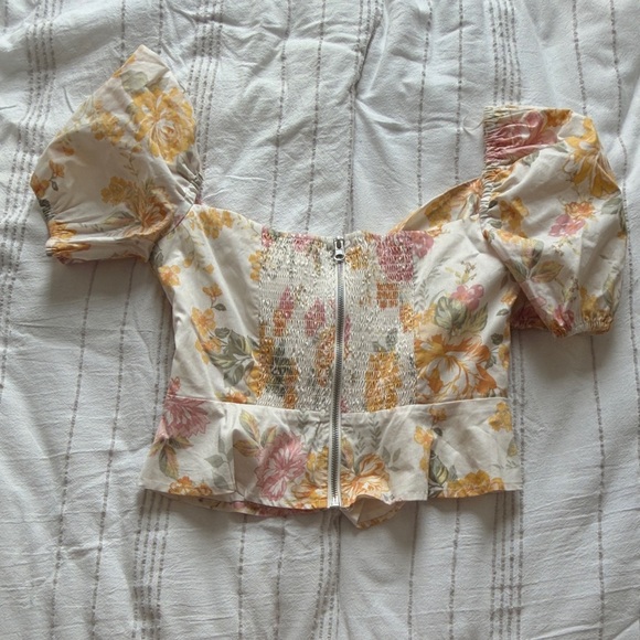 Wayf Floral Tie-Front Puff Sleeve Top - Cream with Yellow & Pink - Picture 3 of 3